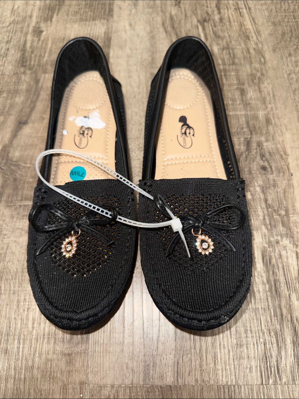 Black Knit Bow Loafers with Charm – Women’s Slip-On Flats